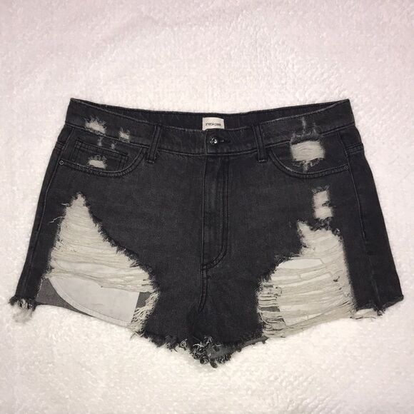 Sneak Peek Black Denim Jean High Rise Shorts Destroyed Front Pockets Size Large - Picture 1 of 12